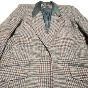 VTG David N Blazer Wms 8 Plaid 100% Wool Suede Collar Houndstooth Jacket